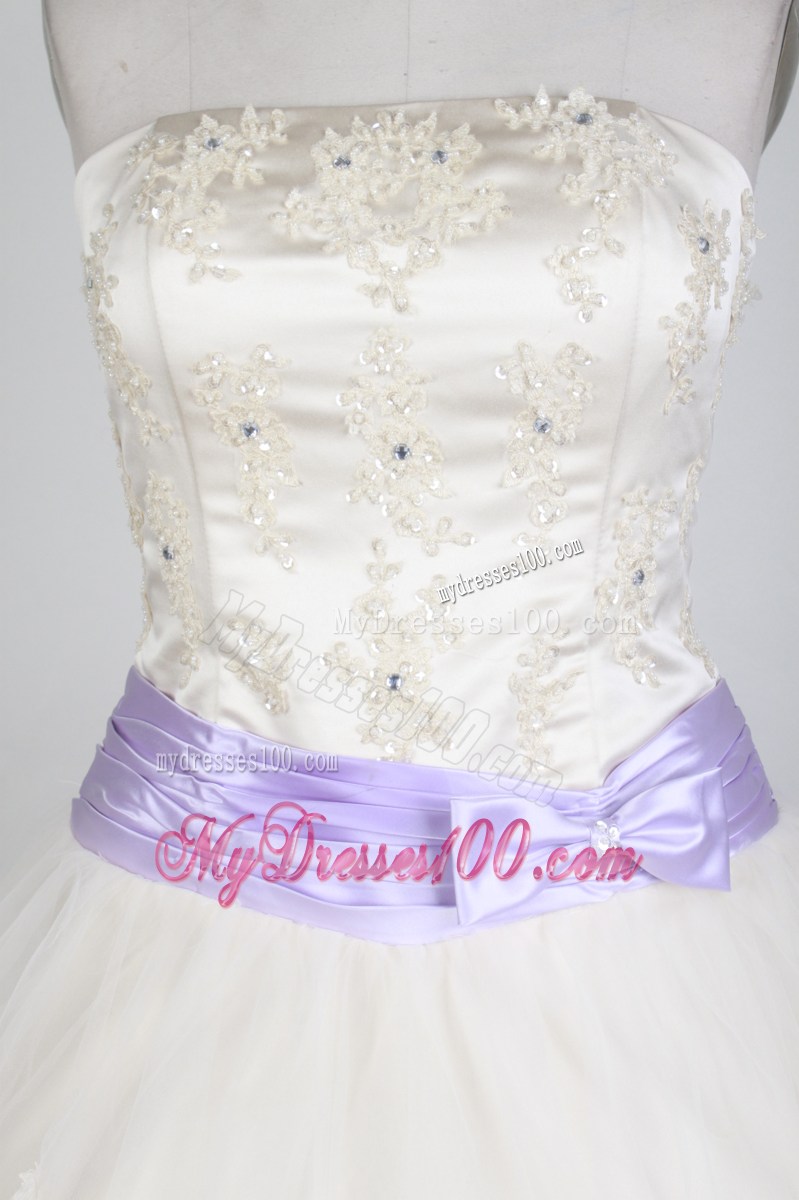 Cream Colored Tulle Quinceanera Dress with Lilac Bowknot Sash